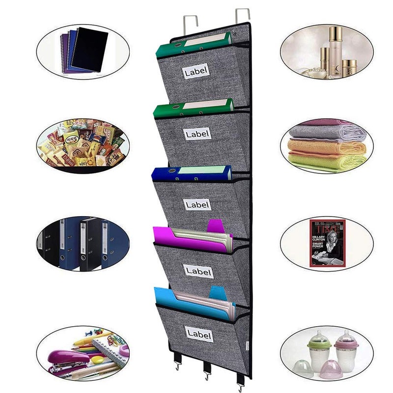 homyfort Over the Door File Organizer Hanging File Folders, Wall Organizers and Storage for Mail, Magazine, Notebooks, Planners, Office, Classroom, 5 Extra Large Pockets (Black with Pattern) - Image 5
